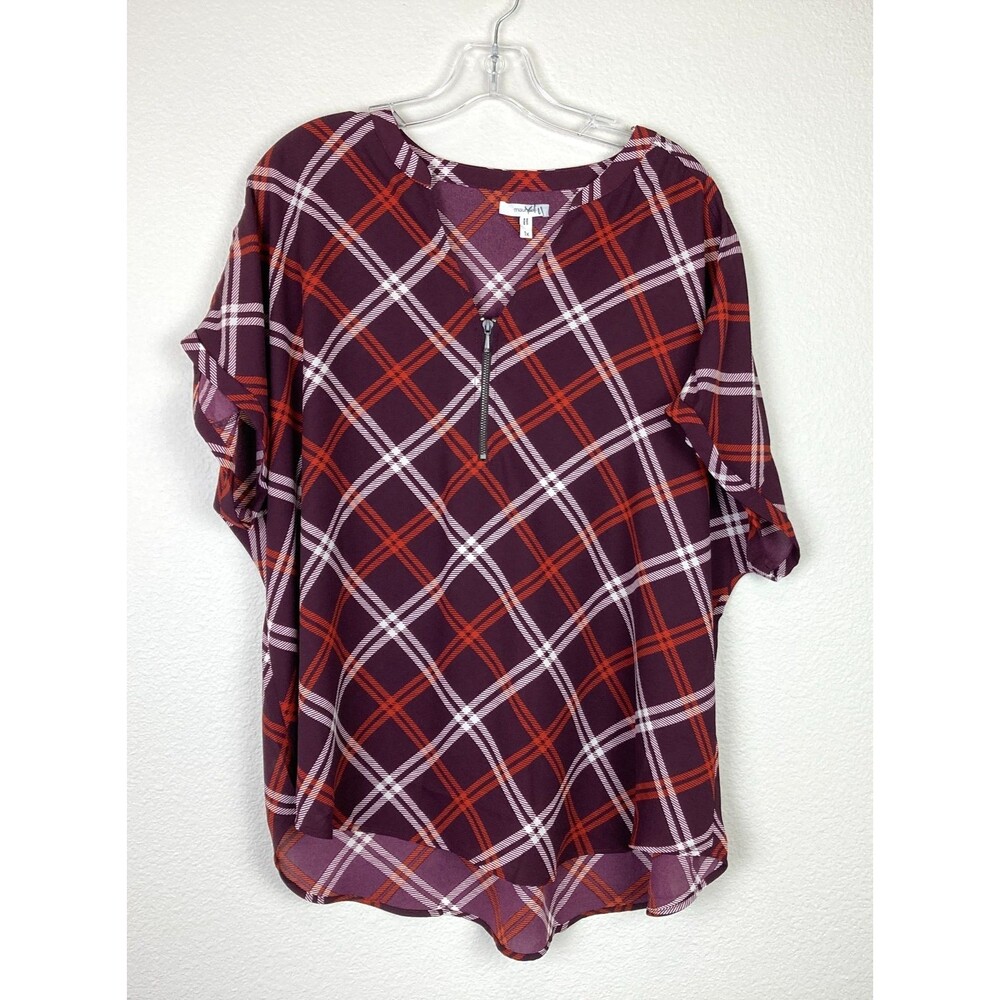 Maurices V-Neck Zip Tunic Blouse Size 1X Plaid Plum Orange White Cuffed Sleeves